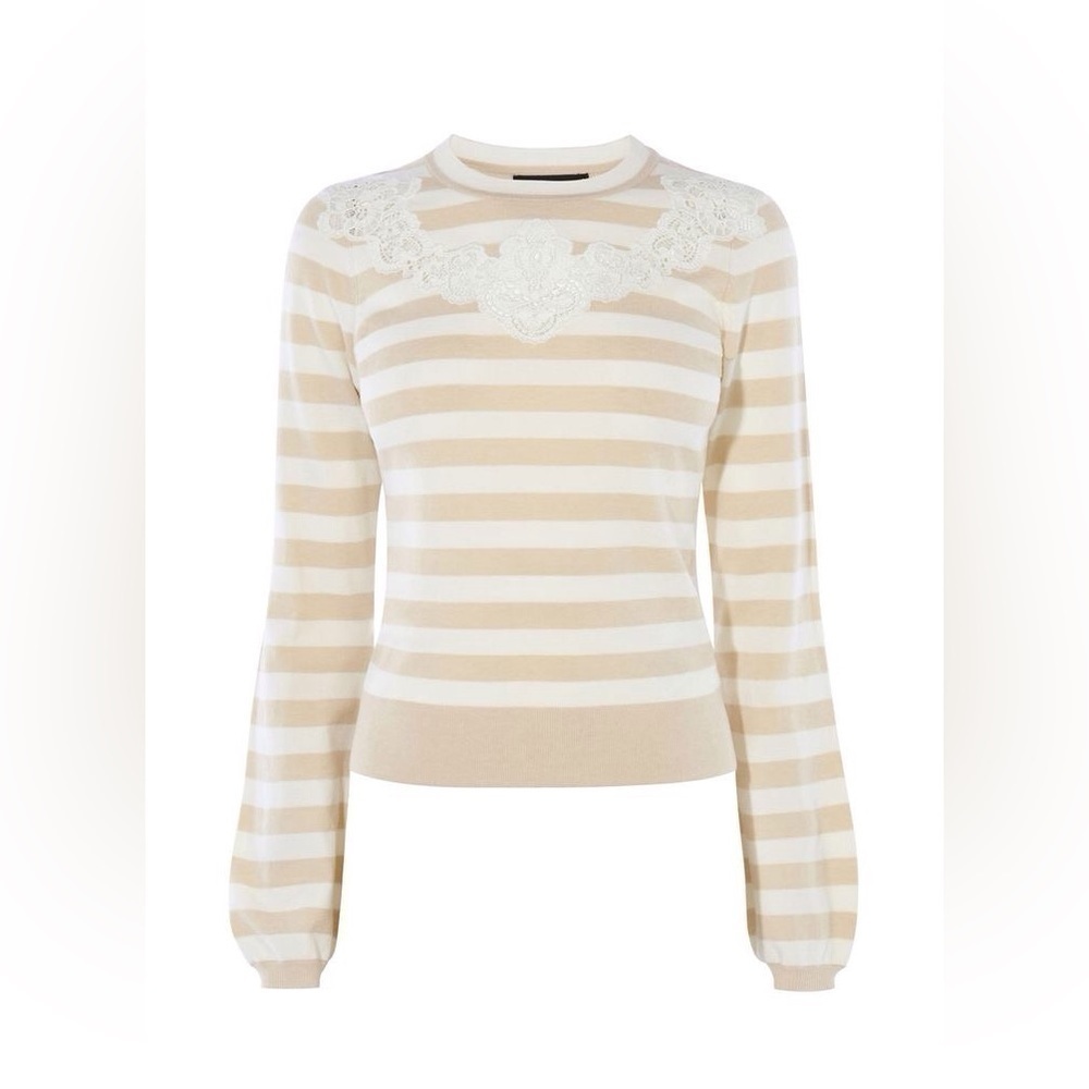 Karen Millen Striped Lace Inlay Puff Sleeve Sweater Size XS.